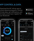 App interface for Airtap T6 Bronze Register Booster Fan For 6x10 Duct Openings showing temperature controls and data alerts.