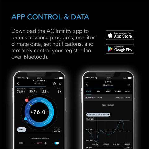 App interface for Airtap T6 Bronze Register Booster Fan For 6x10 Duct Openings showing temperature controls and data alerts.