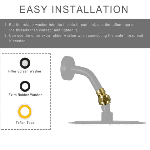 Brushed Gold Solid Brass Shower Head Swivel Ball Adapter With Adjustable Shower Arm Extension, Heavy Duty Brass Shower Connector Ball Joint For No Fuss Leak Free Bathroom Upgrades, shower arm with washers
