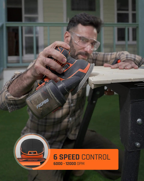 Man using Cordless Random Orbital Sander 20V Brushless With 2.0Ah Battery on wooden surface, 6-speed control display