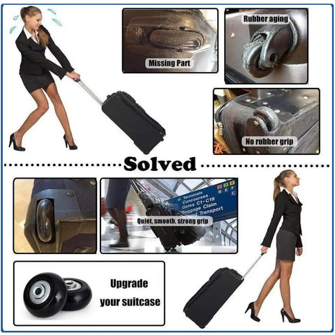 Woman pulling suitcase with 50mm Replacement Luggage Wheels Set For Suitcases And Travel Bags 4 Silent PU Swivel Casters