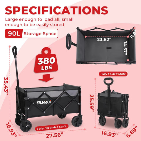 Ultra Light Folding Wagon On Wheels For Easy Grocery Runs And Outdoor Adventures, dimensions and capacity details shown