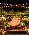 Outdoor wedding venue illuminated by 48Ft LED Outdoor String Lights With Dimmer, 15 Edison Bulbs Waterproof Patio String Lights