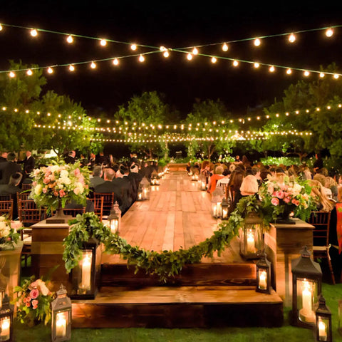 Outdoor wedding venue illuminated by 48Ft LED Outdoor String Lights With Dimmer, 15 Edison Bulbs Waterproof Patio String Lights