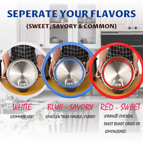 Three Color Silicone Sealing Rings For 6 Quart Electric Pressure Cooker, BPA Free Food Grade Gaskets, Red For Sweet, Blue For Savory, Clear For Neutral, 3 Pack Replacement displayed in kitchen environment