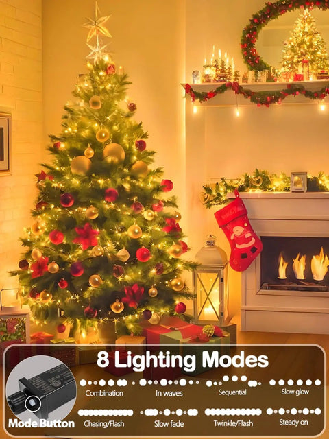 Lit 75.8 Ft 200 LED Christmas String Lights for indoor and outdoor use on Xmas tree, showcasing 8 lighting modes