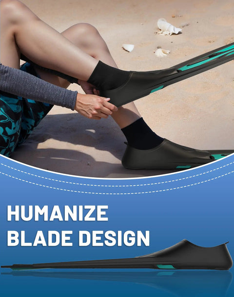 Person wearing Pro-Grade Full-Foot Snorkel Fins with soft flexible foot pocket on sandy beach, illustrating humanized blade design.