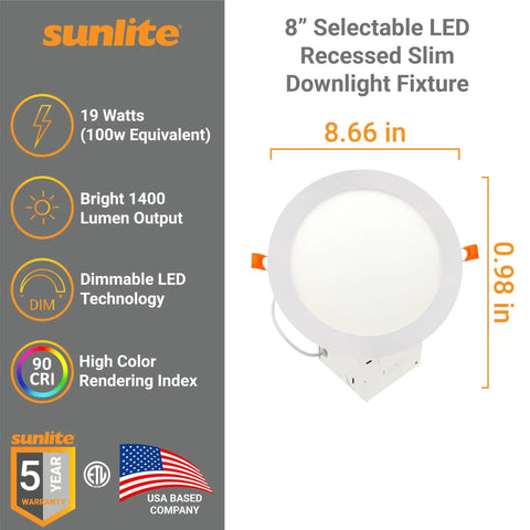 8 Inch Slim Recessed LED Downlight Fixture with Smooth Trim, 19W, 1400 Lumens, Color Temperature Selectable, 90 CRI, ETL Listed