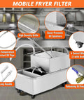 No Nonsense Heavy Duty Fryer Filter Cart, 55 Gallon Stainless Steel Oil Purifier with high density grille and swivel wheels.