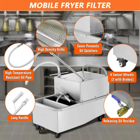 Heavy Duty Commercial Deep Fryer Filter Machine 550W With 32L Min Fast Pump And Stainless Steel Cart, featuring high-density grille and swivel wheels.