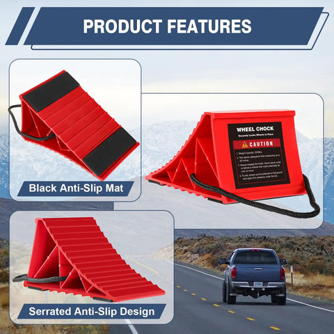 4 Pack Wheel Chocks For Trailers And RVs, hard plastic tire chocks with non slip base and rope, red chocks in vehicle use