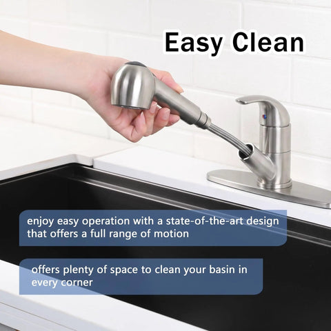 Solid Build Kitchen Faucet With Pull Out Sprayer Lead Free Stainless Steel Sink Mixer Featuring Ceramic Drip Free Cartridge, easy clean design.