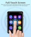 Bluetooth 5.3 MP3 Player With Built In Speaker touch screen interface with icons, finger interacting with the radio app.