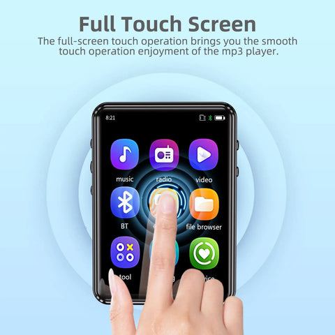 Bluetooth 5.3 MP3 Player With Built In Speaker touch screen interface with icons, finger interacting with the radio app.