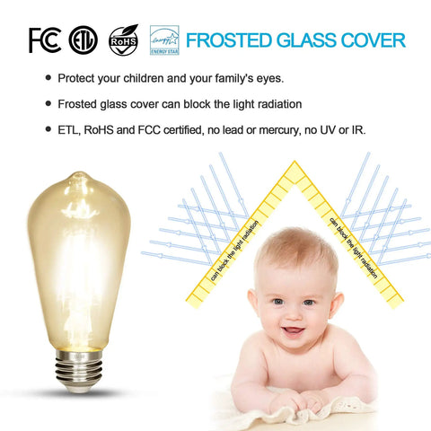 Vintage Edison Style LED Filament Bulb 40W Equivalent next to a baby demonstrating safety features like frosted glass cover