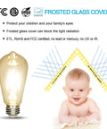 Dimmable Vintage Edison LED Bulb Pack Of 6 With Warm White 2700K Glow E26 Base next to a baby image, frosted glass features.