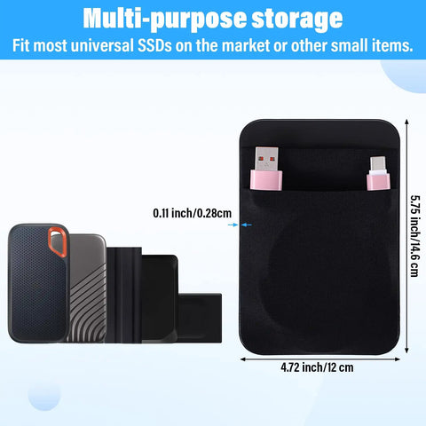 Stick On Dual Pocket SSD Carrying Case With Reusable Adhesive For Laptops And External Drives, showing size and fit.