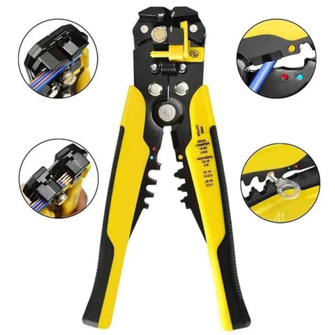 Mengkk Multifunctional Crimpers Tool With Automatic Wire Stripping And Cutting Machine For Professional Ethernet Cable Termination Rojo, showing yellow and black design with crimping and stripping features.