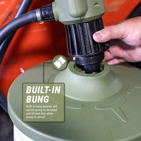 Heavy Duty Electric Pail And Bucket Transfer Pump Shifting 4 5 Gallons Per Minute With Adjustable Flow Nozzle Built In Hose Holder And No Sweat Slick Operation For Any Daily Grind attached to pail with built-in bung adapter.