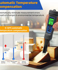 Top Notch Food pH Meter With Temperature Digital pH Tester for hot sauce fermentation and cheese testing in kitchen setting.
