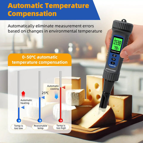 Top Notch Food pH Meter With Temperature Digital pH Tester for hot sauce fermentation and cheese testing in kitchen setting.