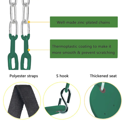 Components of Toddler And Kids Swing Seat Set For Indoor Outdoor Fun, iron chains, polyester straps, S hook, and green EVA seat