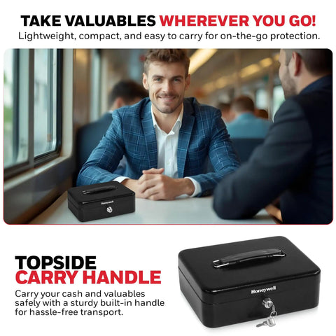 Man sitting with Compact Cash Box With Removable Money Tray And Under Tray Storage Five Coin Slots Durable Metal Safe With Key Lock Ideal For Home Office Black 0.14 Cu Ft Saving Money Lock Box next to him on a train table.