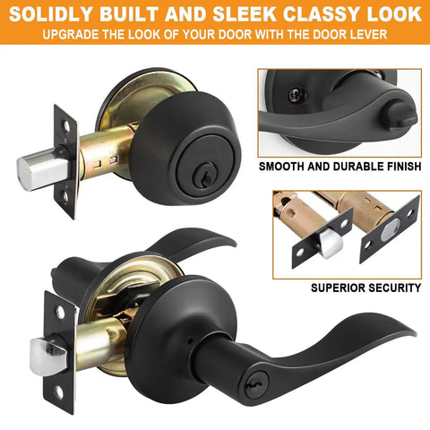 Matte Black Front Door Lock Set With Single Cylinder Deadbolt And Wave Lever Keyed Entry For Right Or Left Handed Doors Built To Last Durable Front Door Hardware For Easy Secure Home Entry