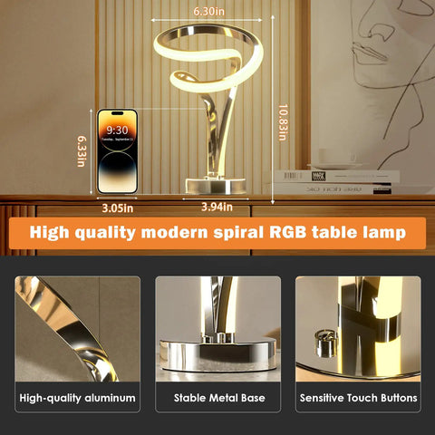 Modern Spiral RGB Table Lamp With Touch Dimmable LED, Ten Light Modes, Nightstand Light, Unique Trophy Design, on a shelf