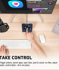 Macro Keypad For Streaming Deck With 18 Pro Grade Programmable Keys Visual LCD Pad And USB Soundboard For OBS YouTube Live Streaming And Desk Setup On PC Mac Laptop next to keyboard and monitor on desk with person using it