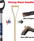 Comparison of 4-Tine Spading Digging Fork With D-Grip Handle and wooden handle, highlighting strong steel fireproof design.