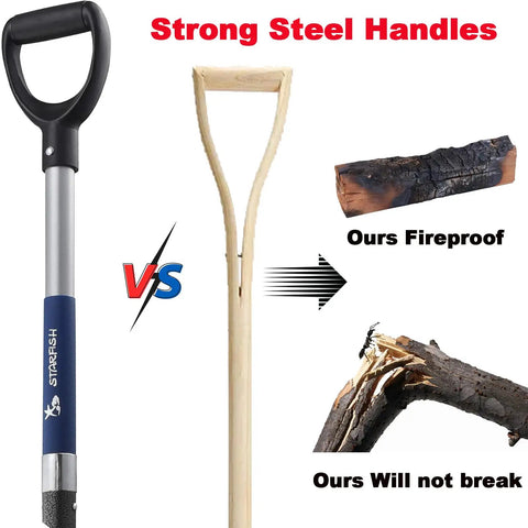 Comparison of 4-Tine Spading Digging Fork With D-Grip Handle and wooden handle, highlighting strong steel fireproof design.