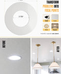 No Sweat Install Recessed Can Light Conversion Kit With 7 Inch Flat Steel Ceiling Medallion For 5 And 6 Inch Cans shown with dimensions and installation images.