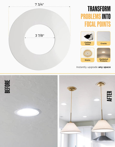 No Sweat Install Recessed Can Light Conversion Kit With 7 Inch Flat Steel Ceiling Medallion For 5 And 6 Inch Cans shown with dimensions and installation images.