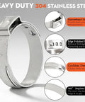 Close-up of a 304 stainless steel single ear hose clamp with design features highlighted, leak-proof for plumbing and automotive use.