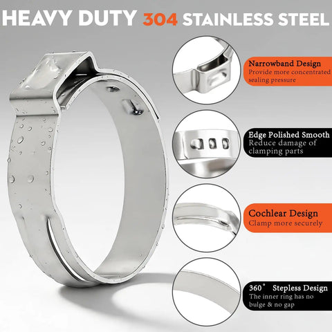 Close-up of a 304 stainless steel single ear hose clamp with design features highlighted, leak-proof for plumbing and automotive use.