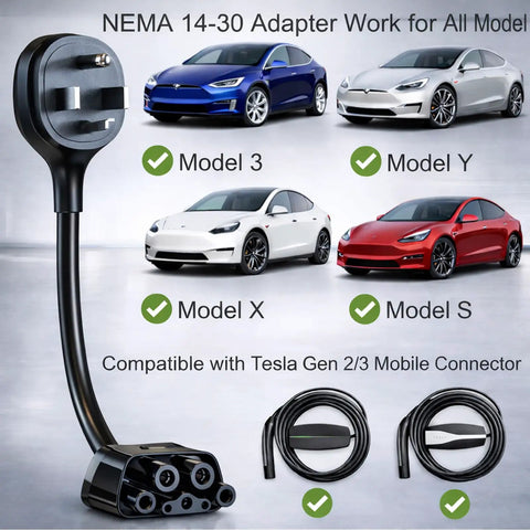 Level Up Your EV Life With This Rock Solid 10 Inch Nema 14-30 Wall Adapter featuring various Tesla Model cars.