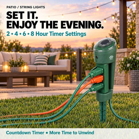 Top Tier Outdoor Power Stake With Three Grounded Outlets And 180 Degree Rotating Head on grassy patio with string lights.