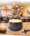 Side Handle Turkish Cezve Coffee Pot With Clear Glass Butter Pan High Borosilicate Heat Resistant Up To 100 Celsius V Shaped Outlet Coffee Warmer Decaf Friendly Arabic Turkish Brew Kit With Espresso Cups on wooden table.