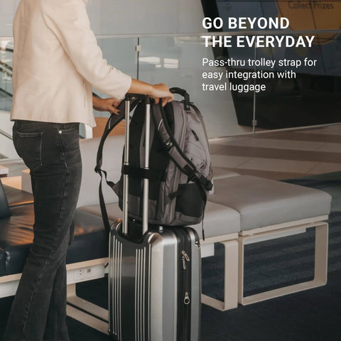 Person placing ScanSmart TSA Laptop Backpack Fits 17 Inch Laptop With RFID Protection on suitcase handle at airport.