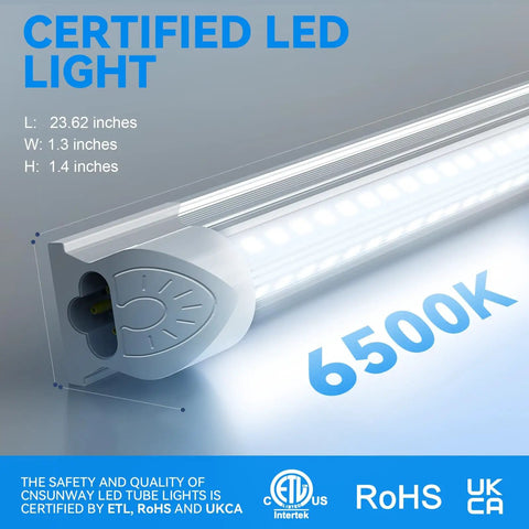 LED Shop Light Two Foot Energy Saving 20W 3000LM 6500K Daylight T8 Tube With Clear Cover with dimensions and certifications