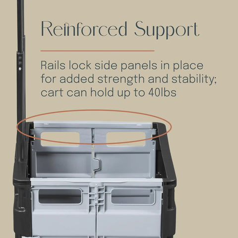 Close-up of Foldable Utility Cart With Canvas Organizer Bag and Removable Saddlebag for Grocery Runs Tools Books and Office Files Portable Rolling Cart in black and grey showing reinforced support rails.