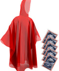 Disposable Rain Ponchos For Adults 5 Pack Hooded Full-Size 48 X 40 Inches red poncho with individual packaging shown