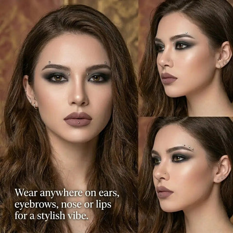 Stick On Fake Piercings Set For Eyebrow Nose And Lip Studs Non Piercing Faux Facial Jewelry For Women And Men Easy Test Piercing Styles Perfect For Parties And Festivals Replacement Balls Edgy Look, woman model with faux studs on eyebrow nose and lip