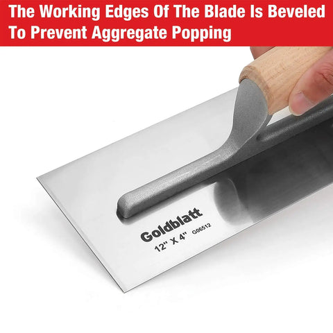 Close-up of the 12x4 inch Carbon Steel Drywall Trowel from the Carbon Steel Drywall Trowel Set with Lightweight Wood Handles