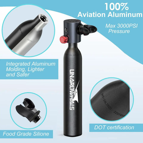 Ultra Compact 0.5L Scuba Tank Travel Ready With DOT Certification, 1 Minute Quick Assembly And Disassembly, Airplane Friendly Mini Dive Tank With Illustrated Clear Instructions; showing product details and features