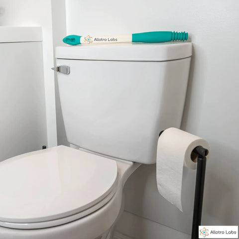 Long Reach Toilet Wiper And Bath Brush Set for easy hygiene resting on toilet tank