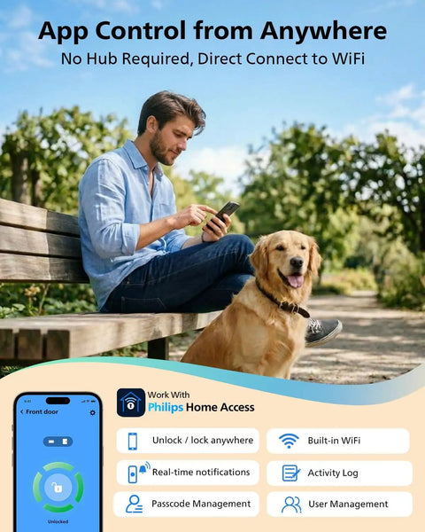 Man using smartphone in park, app control for WiFi Smart Keypad Deadbolt Lock With App Remote Control No Hub Needed Works With Alexa.