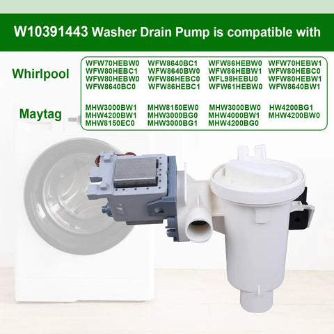 Washer Drain Pump Replacement Kit For Whirlpool Maytag Amana Washers W10391443 Replaces 3020184 AP6020786 PS11754106 EAP11754106 No Fuss Plug And Play Install Fits Models WFW70HEBW0 WFW80HEBC1 WFW80HEBW0 WFW8640BC0 WFW8640BC1 WFW8640BW0