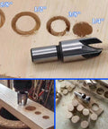 Heavy Duty Carbon Steel Wood Plug Cutter Drill Bit Set With Slick Straight And Tapered Dowel Hole Saw Blades shown on wood.